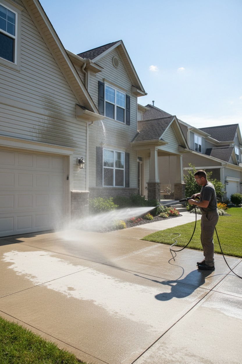 A man uses a pressure washer to clean the concrete driveway in front of a suburban house.
